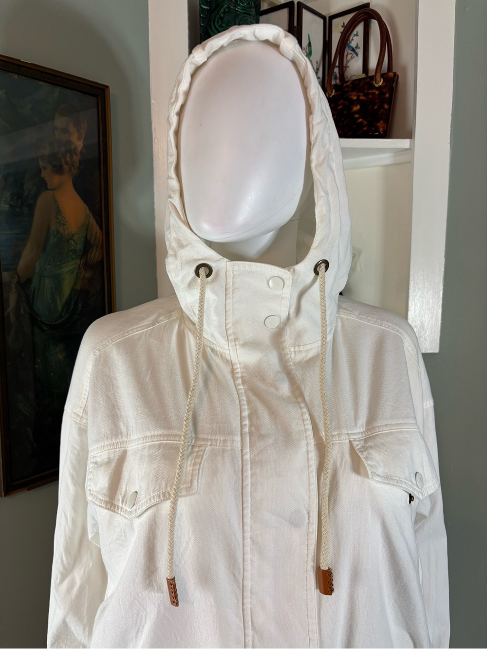 Yerse Anthropologie White Hooded Utility Lightweight Drawstring Jacket Small S - Picture 4 of 13